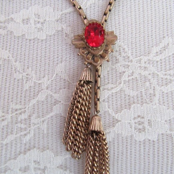 Art Deco Revival red rhinestone fringed pendant - Picture 2 of 7
